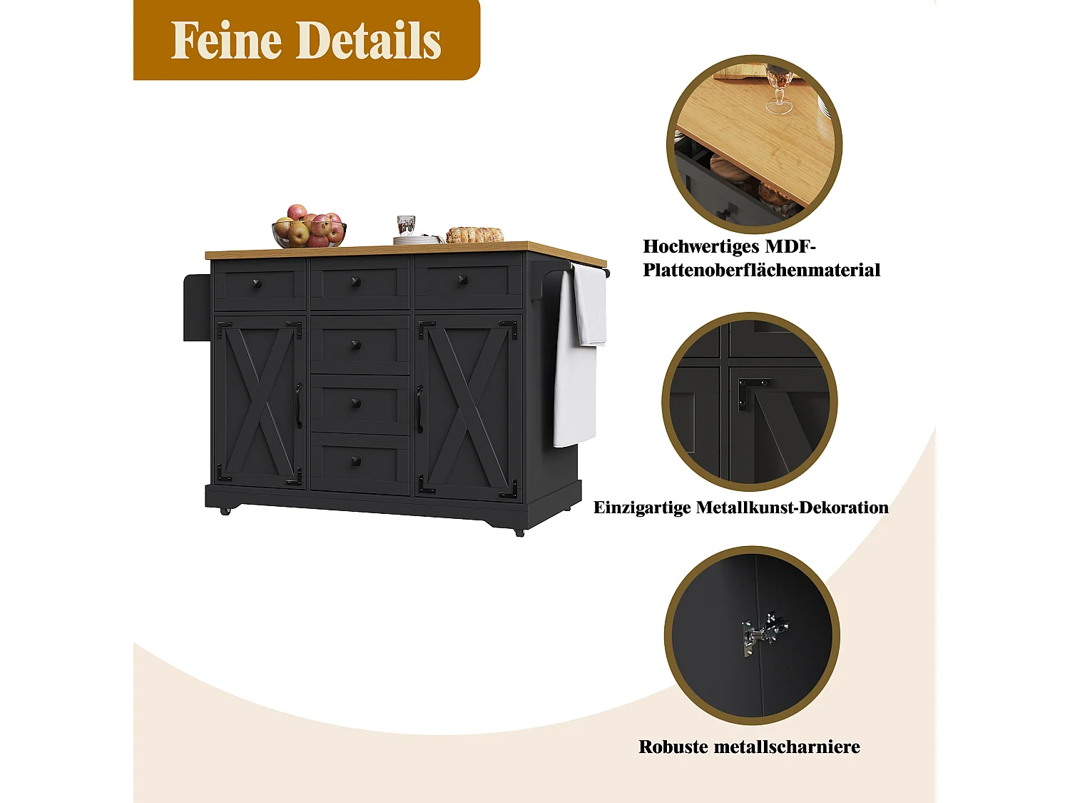 Ausziehbare Mittelinsel – 147 x 44/70 x 93 cm – mobile Einheit mit 6 Schubladen + 2 Türen – MDF + Metall – Schwarz