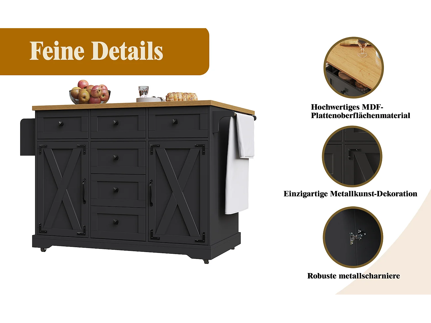 Ausziehbare Mittelinsel – 147 x 44/70 x 93 cm – mobile Einheit mit 6 Schubladen + 2 Türen – MDF + Metall – Schwarz