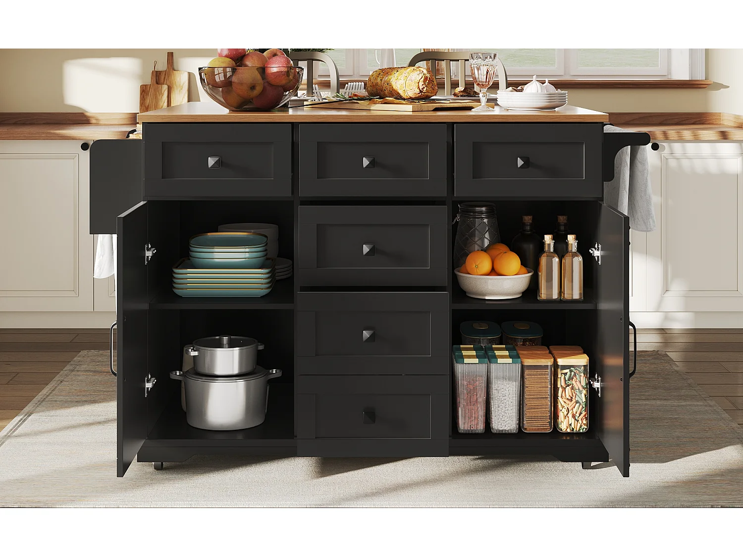 Ausziehbare Mittelinsel – 147 x 44/70 x 93 cm – mobile Einheit mit 6 Schubladen + 2 Türen – MDF + Metall – Schwarz