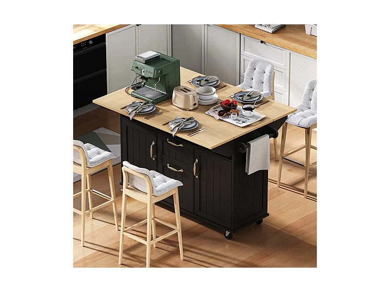 Îlot central extensible avec roulettes - 120 x 40/60/80 x 92 cm - avec 2 portes + 2 tiroirs - MDF - noir + naturel