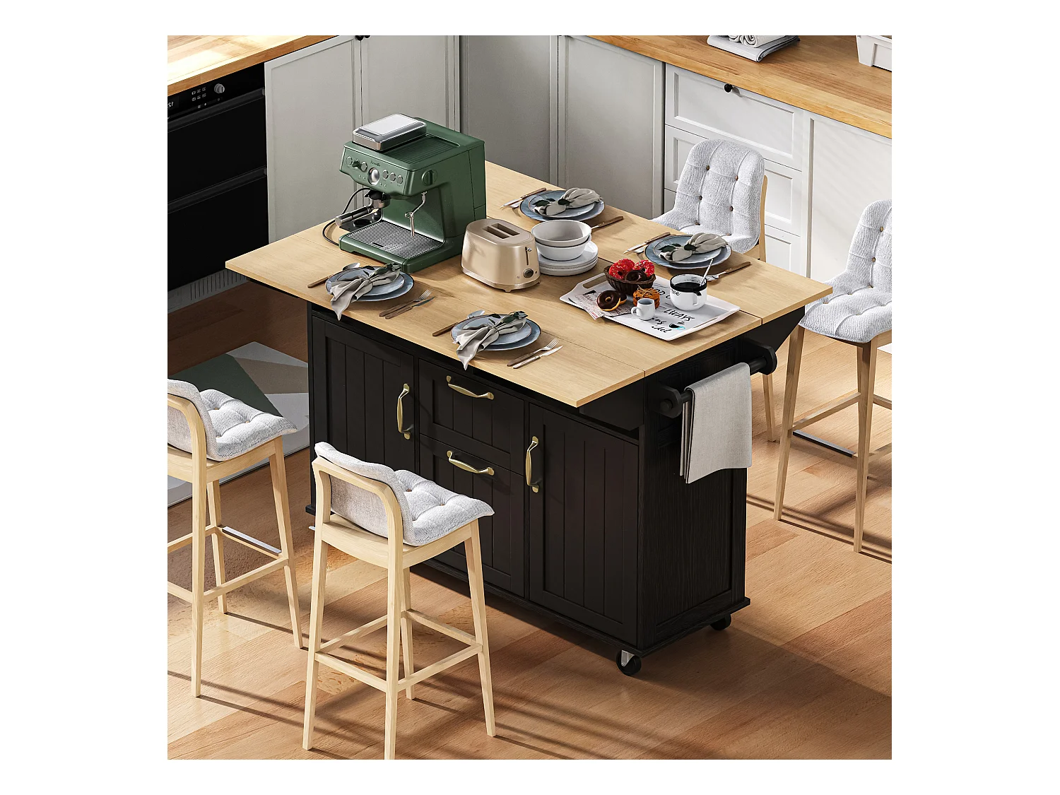 Îlot central extensible avec roulettes - 120 x 40/60/80 x 92 cm - avec 2 portes + 2 tiroirs - MDF - noir + naturel