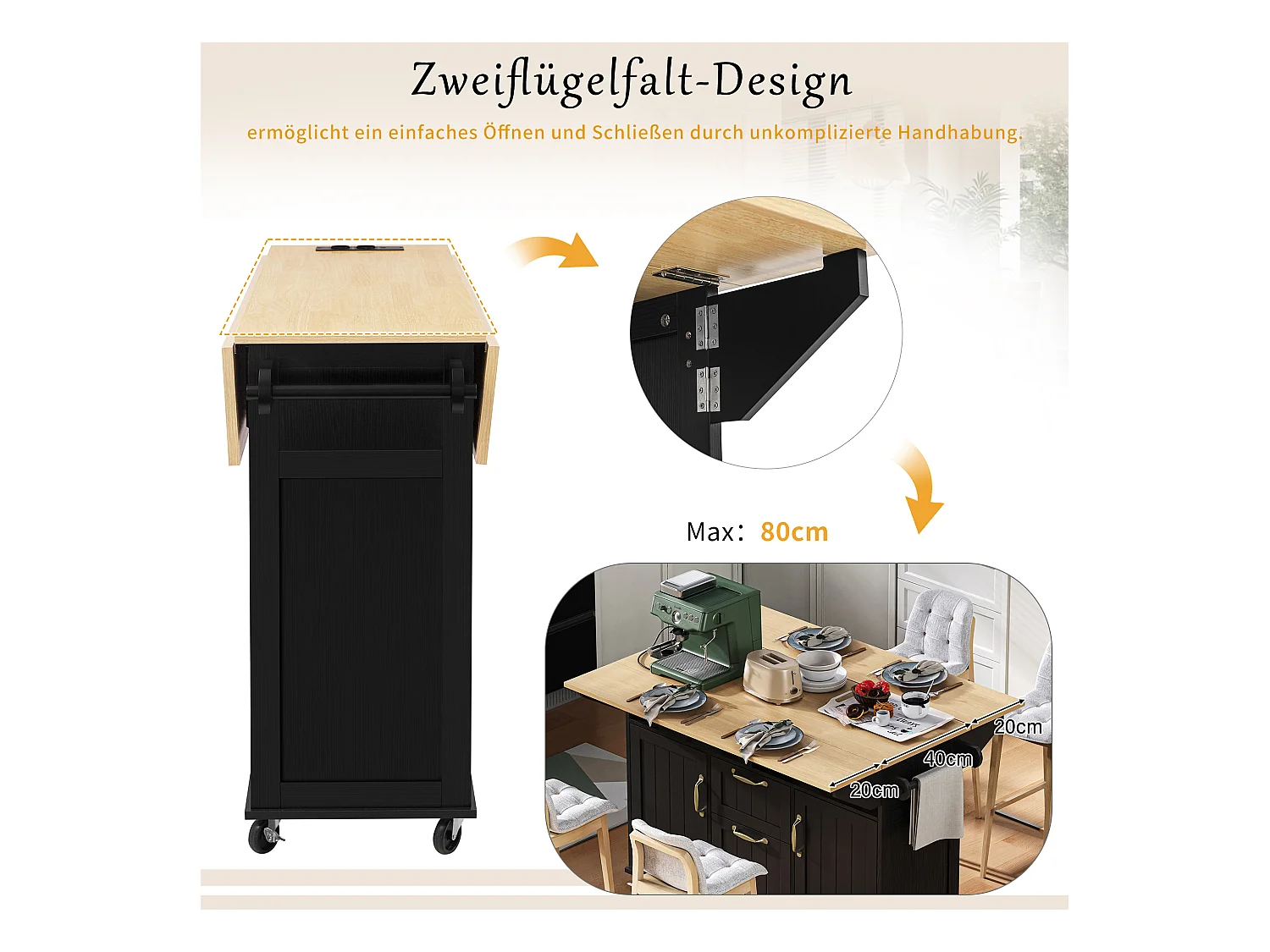 Îlot central extensible avec roulettes - 120 x 40/60/80 x 92 cm - avec 2 portes + 2 tiroirs - MDF - noir + naturel