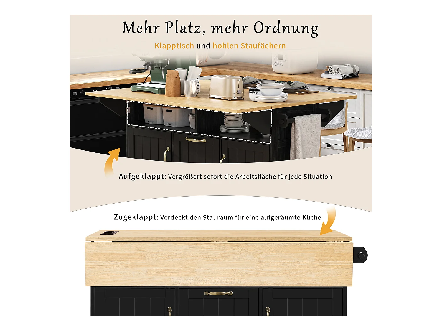 Îlot central extensible avec roulettes - 120 x 40/60/80 x 92 cm - avec 2 portes + 2 tiroirs - MDF - noir + naturel