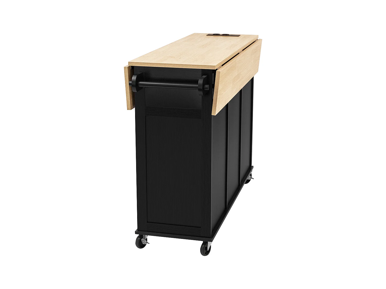 Îlot central extensible avec roulettes - 120 x 40/60/80 x 92 cm - avec 2 portes + 2 tiroirs - MDF - noir + naturel