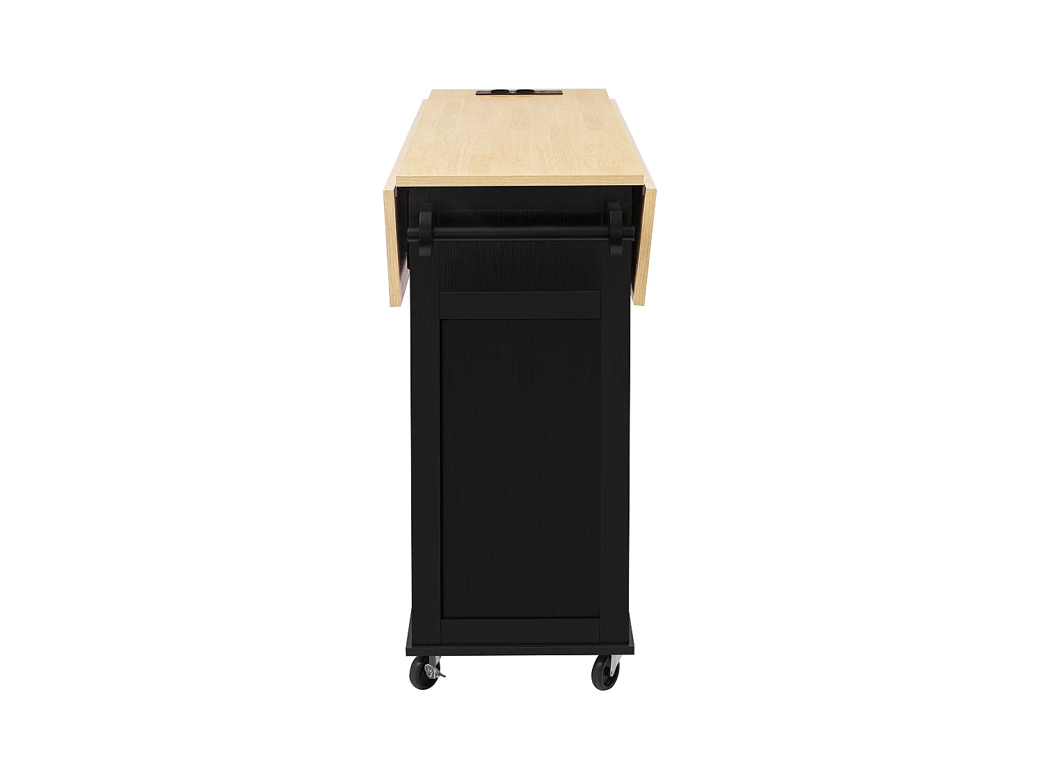Îlot central extensible avec roulettes - 120 x 40/60/80 x 92 cm - avec 2 portes + 2 tiroirs - MDF - noir + naturel