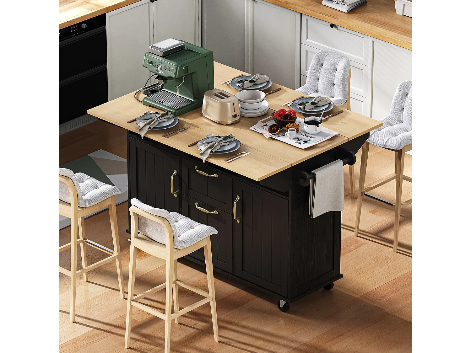 Ausziehbare Mittelinsel mit Rollen - 120 x 40/60/80 x 92 cm - mit 2 Türen + 2 Schubladen - MDF - Schwarz + Natur