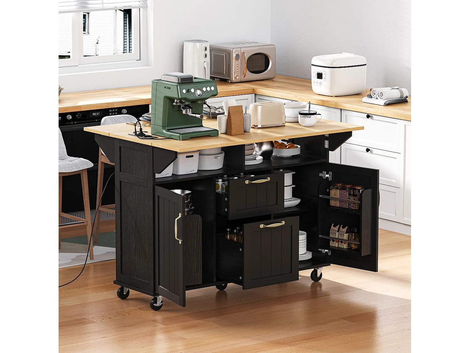 Ausziehbare Mittelinsel mit Rollen - 120 x 40/60/80 x 92 cm - mit 2 Türen + 2 Schubladen - MDF - Schwarz + Natur