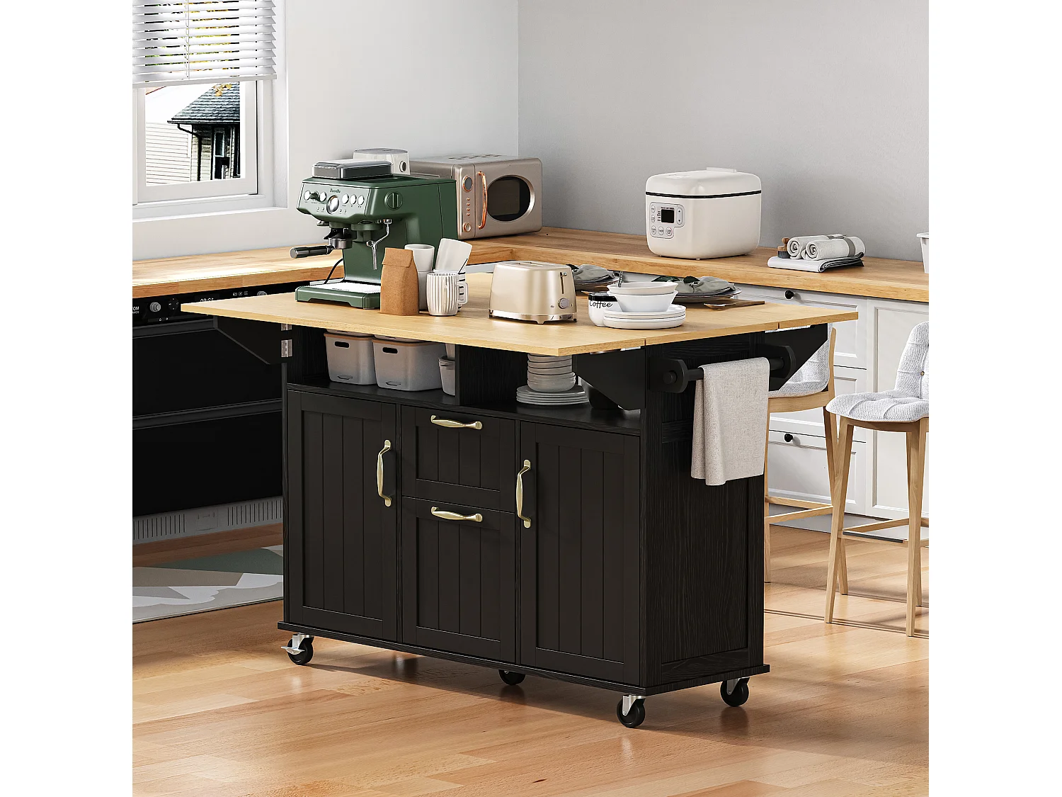 Ausziehbare Mittelinsel mit Rollen - 120 x 40/60/80 x 92 cm - mit 2 Türen + 2 Schubladen - MDF - Schwarz + Natur