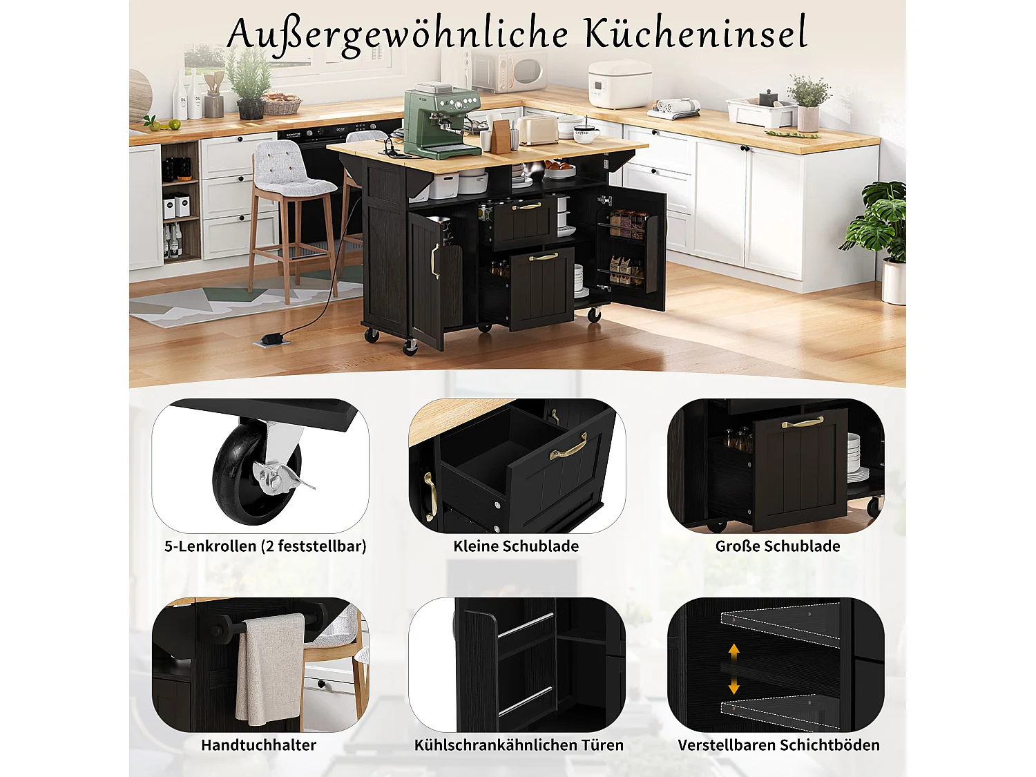 Ausziehbare Mittelinsel mit Rollen - 120 x 40/60/80 x 92 cm - mit 2 Türen + 2 Schubladen - MDF - Schwarz + Natur