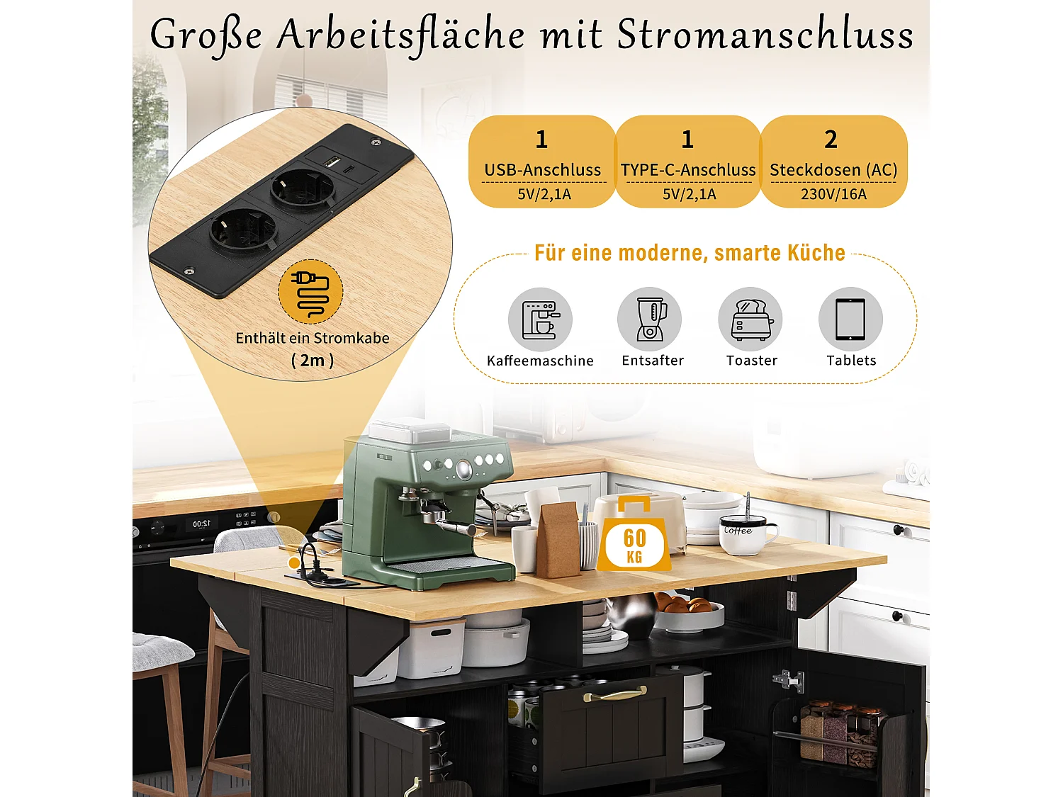 Ausziehbare Mittelinsel mit Rollen - 120 x 40/60/80 x 92 cm - mit 2 Türen + 2 Schubladen - MDF - Schwarz + Natur