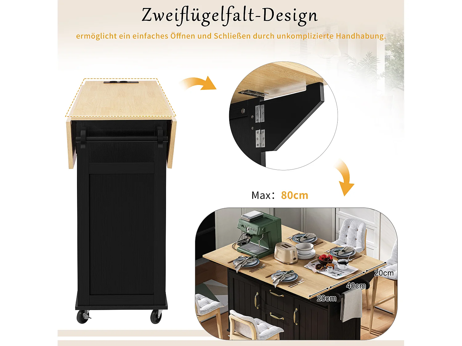 Ausziehbare Mittelinsel mit Rollen - 120 x 40/60/80 x 92 cm - mit 2 Türen + 2 Schubladen - MDF - Schwarz + Natur