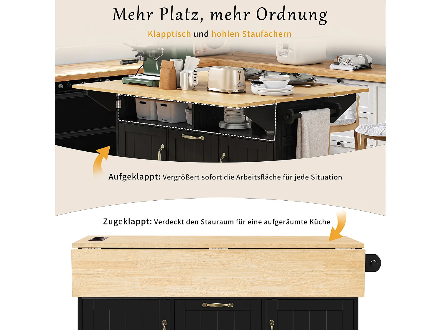 Ausziehbare Mittelinsel mit Rollen - 120 x 40/60/80 x 92 cm - mit 2 Türen + 2 Schubladen - MDF - Schwarz + Natur