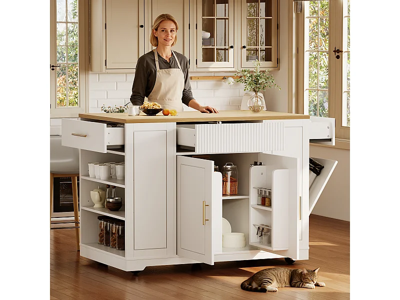 Wyspa centralna na kółkach - 120 x 50 x 92 cm - z przegródką na śmieci + 2 drzwi i 3 szuflady - MDF + Metal - biała