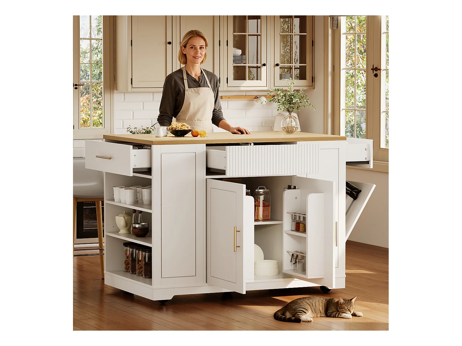Îlot central à roulettes - 120 x 50 x 92 cm - avec compartiment poubelle + 2 portes et 3 tiroirs - MDF + Métal - blanc