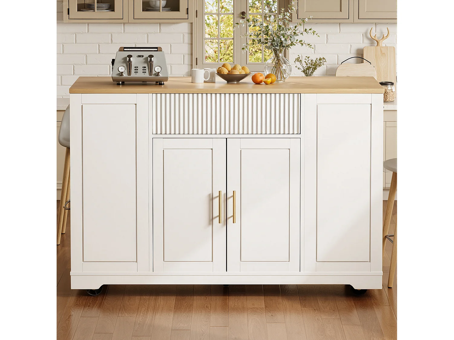 Îlot central à roulettes - 120 x 50 x 92 cm - avec compartiment poubelle + 2 portes et 3 tiroirs - MDF + Métal - blanc