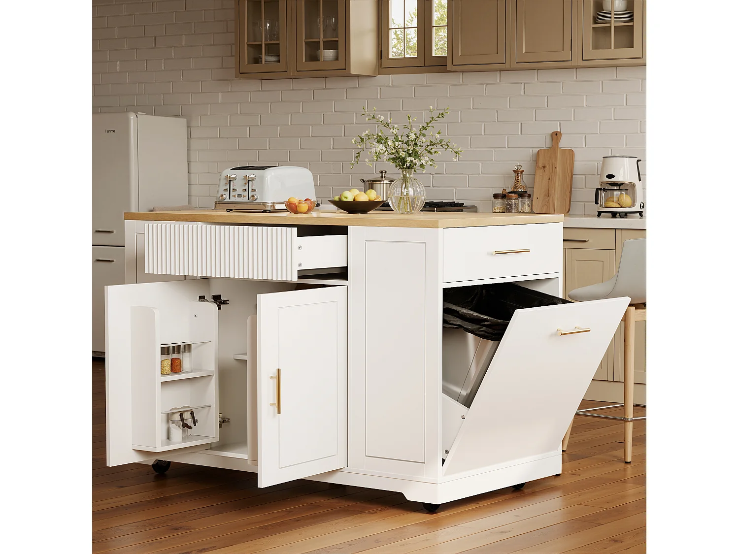 Îlot central à roulettes - 120 x 50 x 92 cm - avec compartiment poubelle + 2 portes et 3 tiroirs - MDF + Métal - blanc