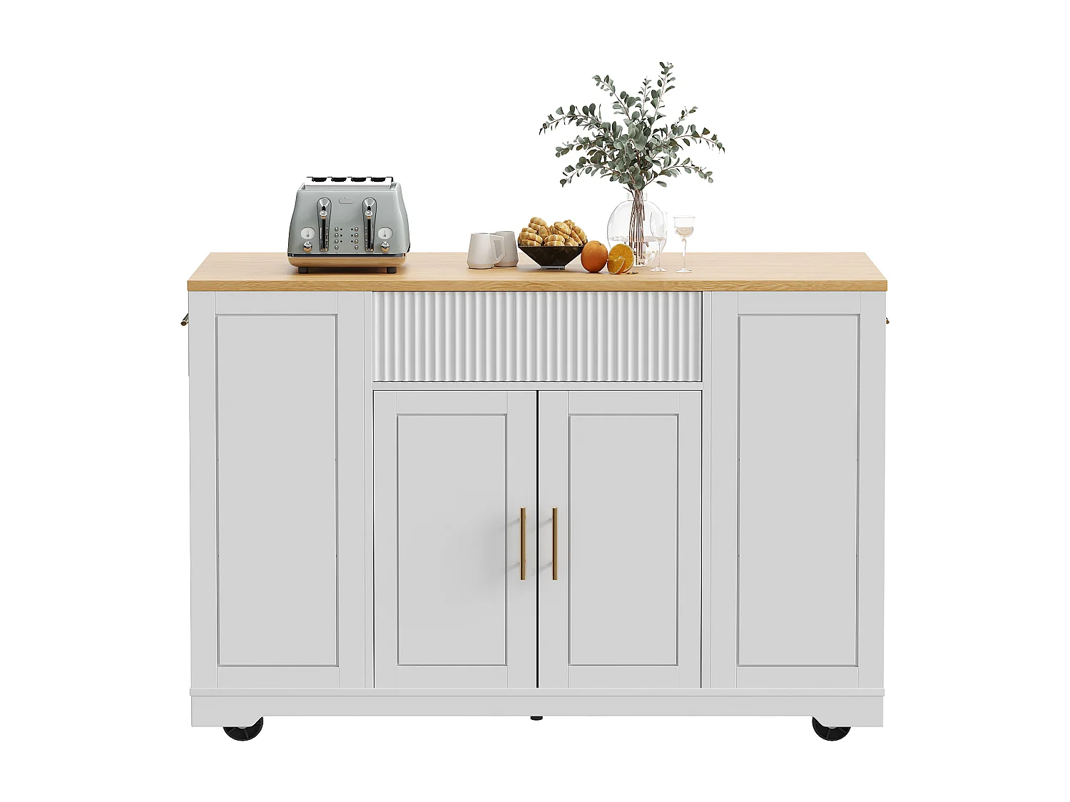 Îlot central à roulettes - 120 x 50 x 92 cm - avec compartiment poubelle + 2 portes et 3 tiroirs - MDF + Métal - blanc