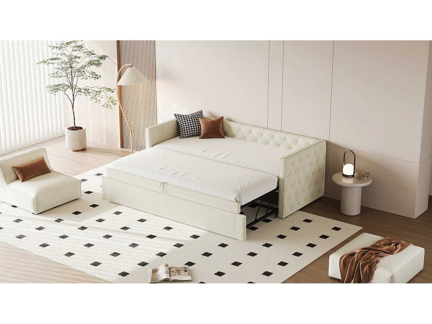 Uitschuifbare slaapbank 90/180 x 200 cm met hoofdbord - Zacht fluweel - Lattenbodem - beige (zonder matras)