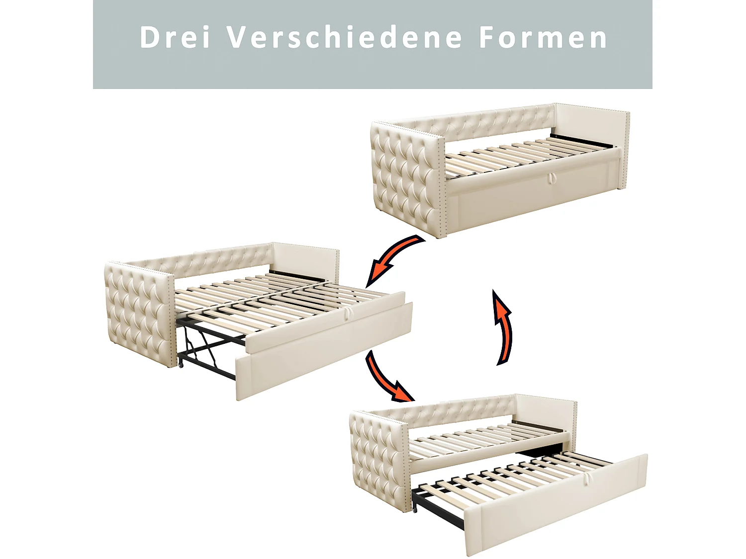 Uitschuifbare slaapbank 90/180 x 200 cm met hoofdbord - Zacht fluweel - Lattenbodem - beige (zonder matras)