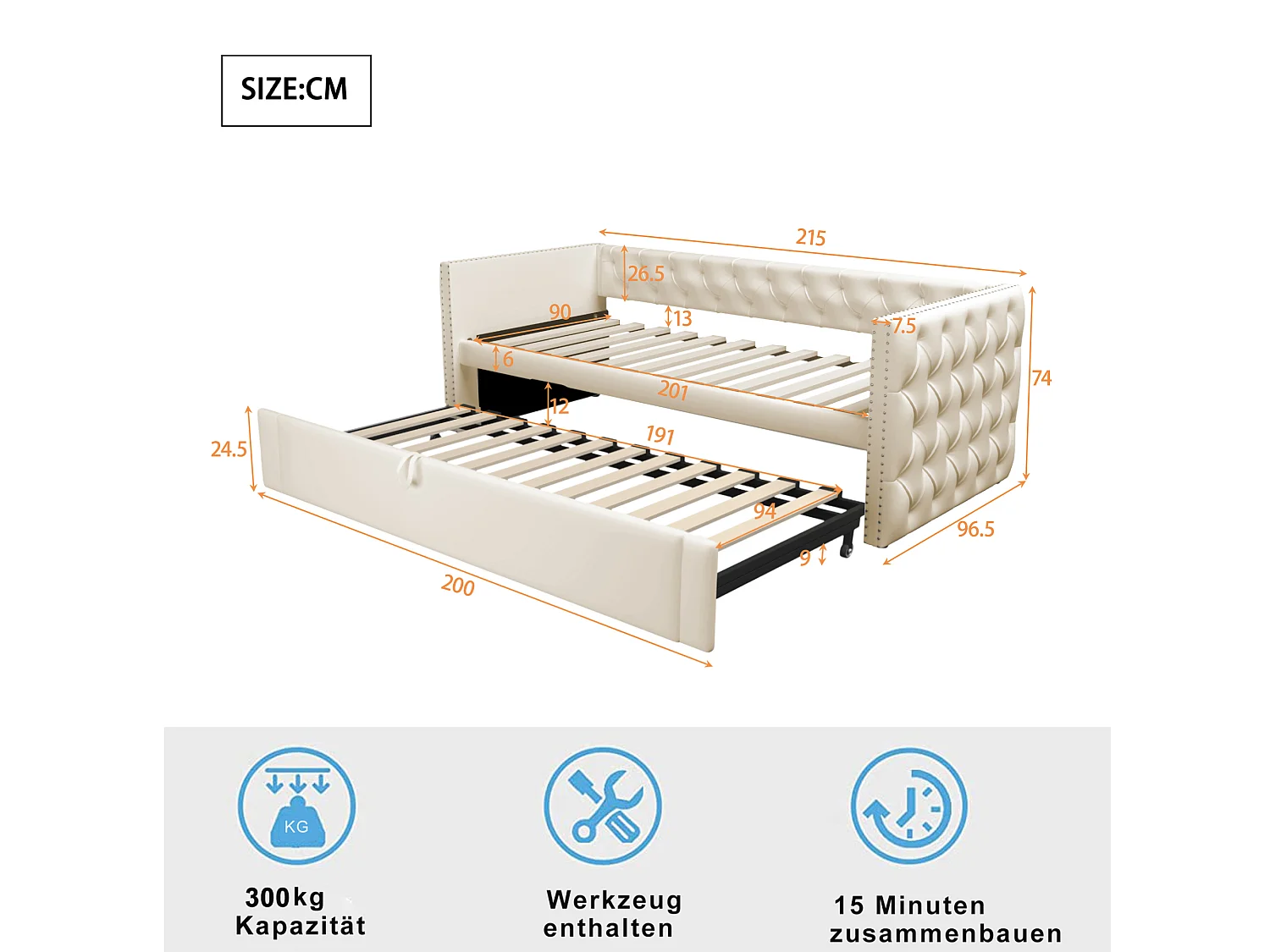 Uitschuifbare slaapbank 90/180 x 200 cm met hoofdbord - Zacht fluweel - Lattenbodem - beige (zonder matras)