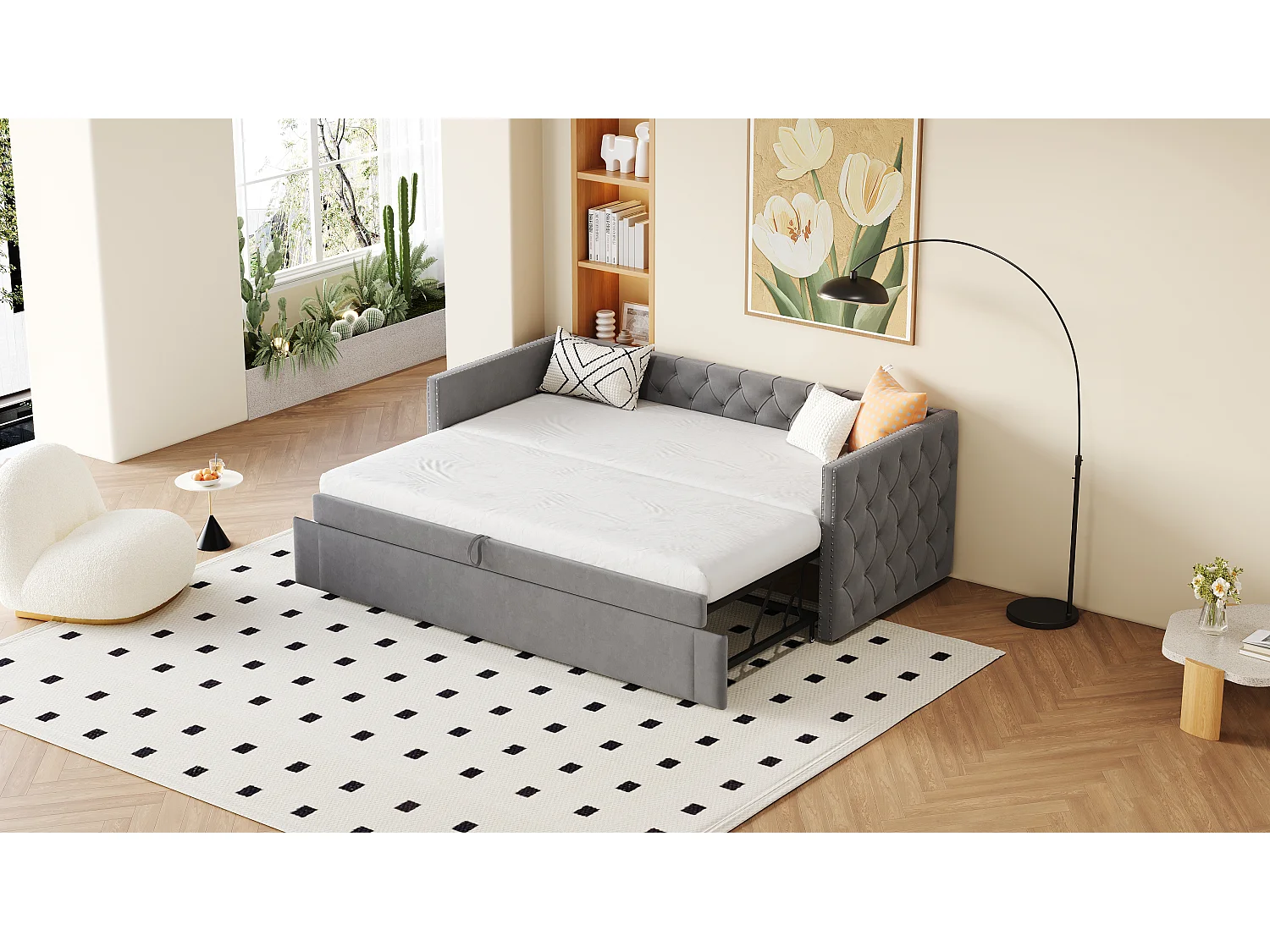 Uitschuifbare slaapbank 90/180 x 200 cm met hoofdbord - Zacht fluweel - Lattenbodem - Donkergrijs (zonder matras)