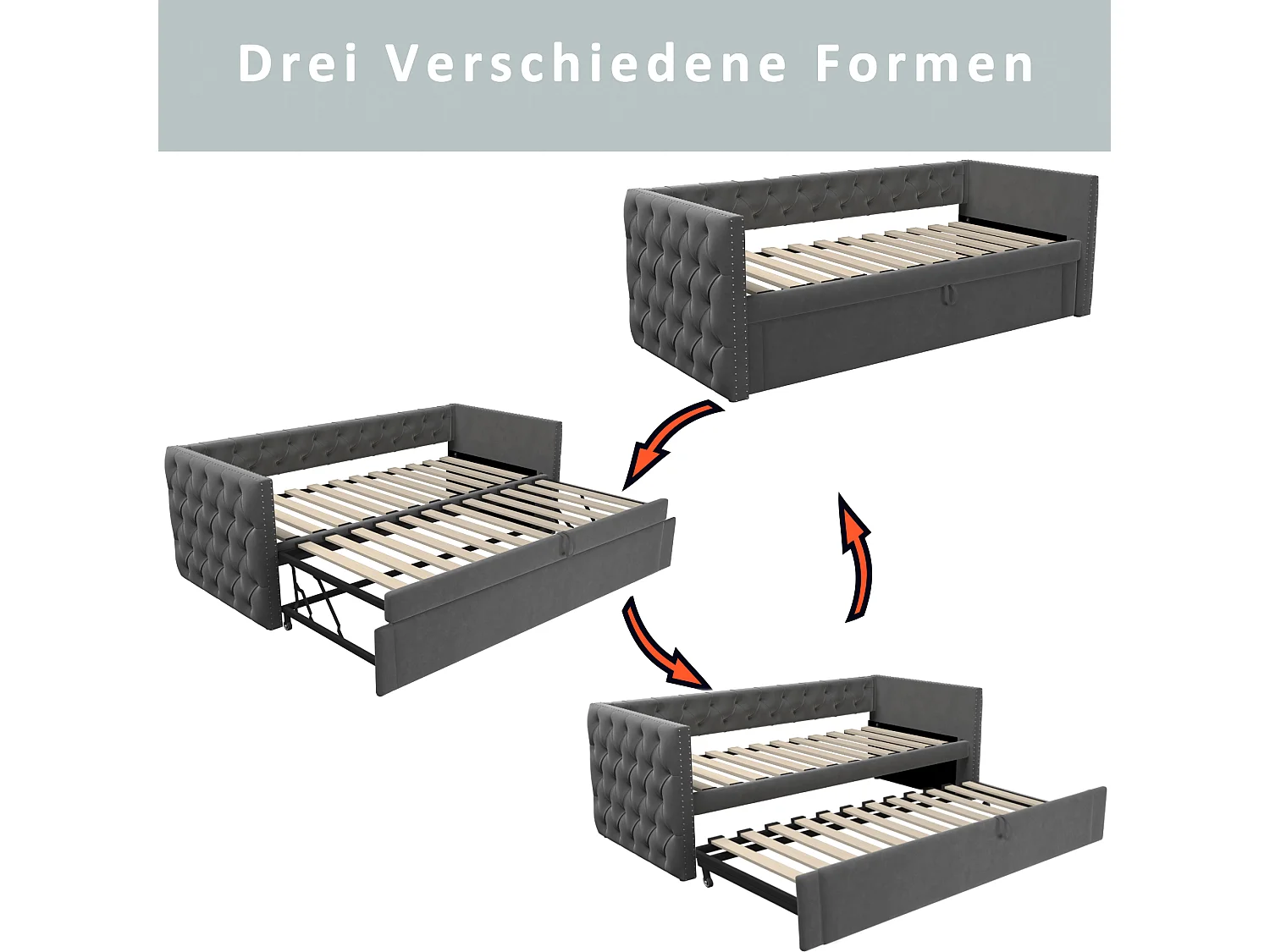 Uitschuifbare slaapbank 90/180 x 200 cm met hoofdbord - Zacht fluweel - Lattenbodem - Donkergrijs (zonder matras)