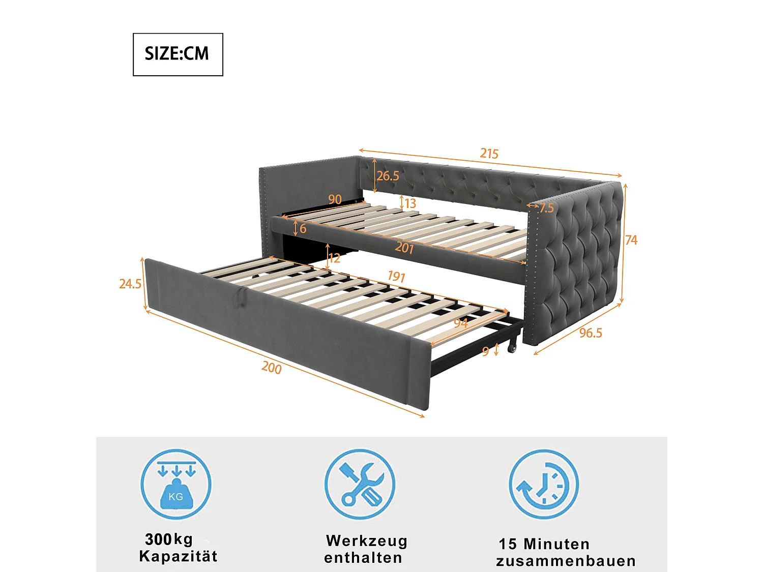 Uitschuifbare slaapbank 90/180 x 200 cm met hoofdbord - Zacht fluweel - Lattenbodem - Donkergrijs (zonder matras)