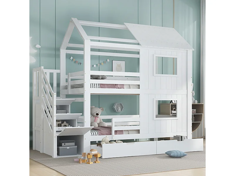 Kinder-Etagenbett - 2 x 90 x 200 cm - mit Stauraumtreppe + 2 Schubladen + Fenster und Dach - Kiefer + MDF + Sperrholz - weiß