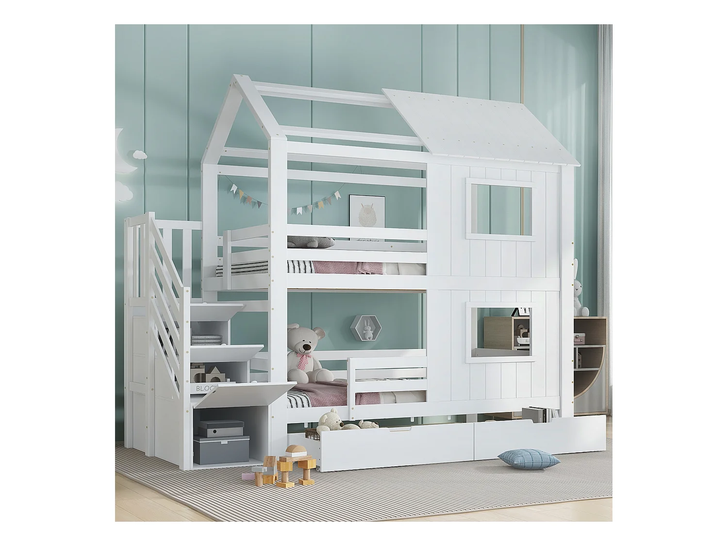 Lit superposés enfant - 2 x 90 x 200 cm - avec escalier de rangement + 2 tiroirs + fenêtres et toit - pin + MDF + contreplaqué - blanc