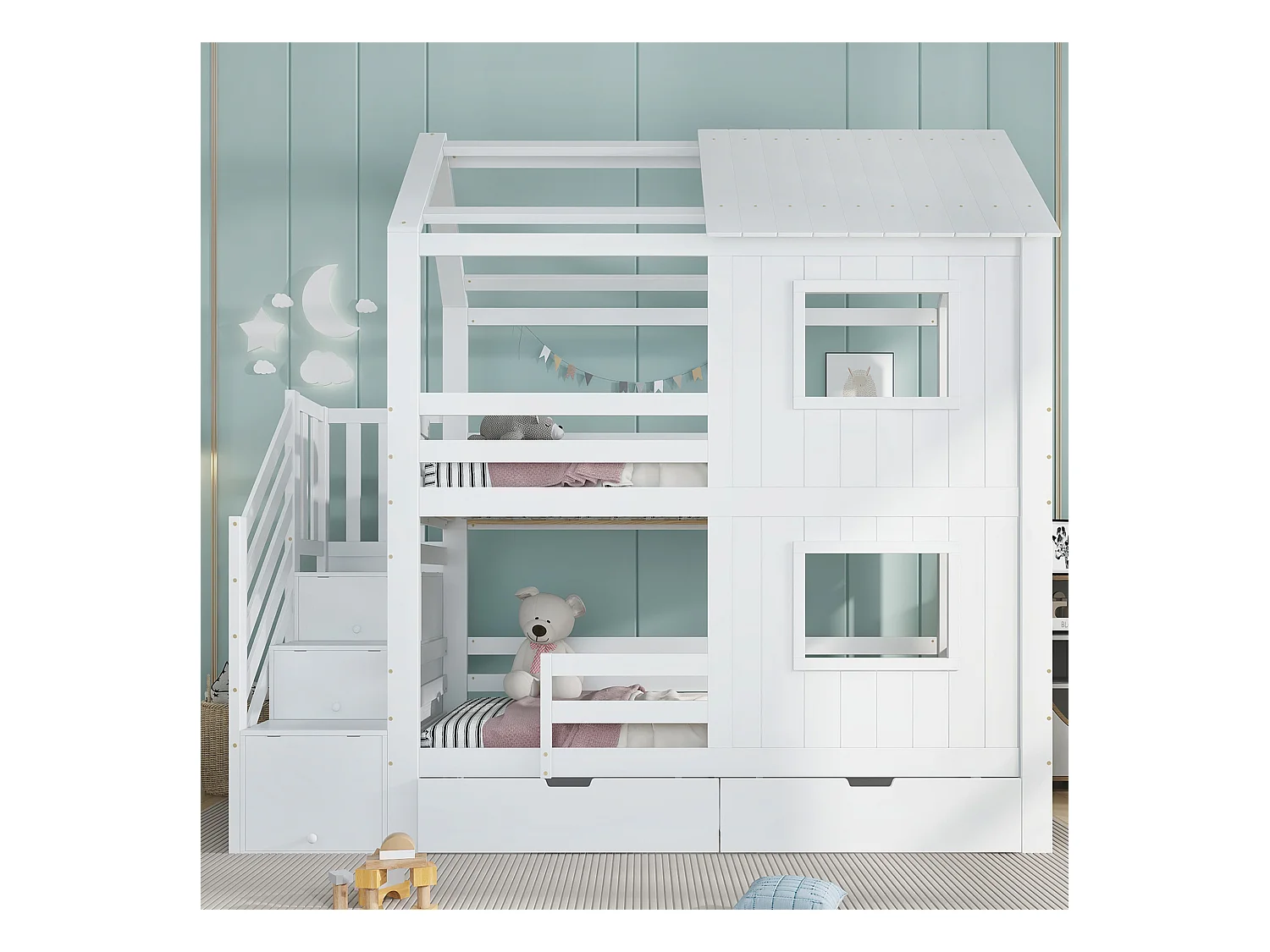 Lit superposés enfant - 2 x 90 x 200 cm - avec escalier de rangement + 2 tiroirs + fenêtres et toit - pin + MDF + contreplaqué - blanc