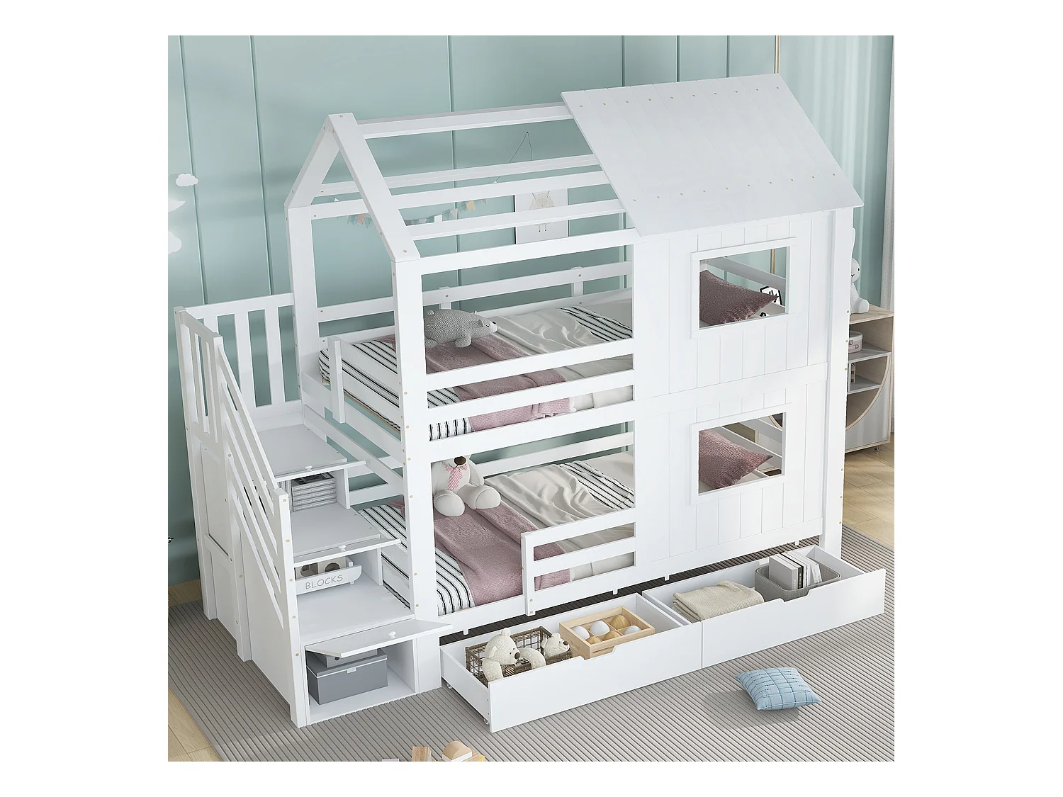 Lit superposés enfant - 2 x 90 x 200 cm - avec escalier de rangement + 2 tiroirs + fenêtres et toit - pin + MDF + contreplaqué - blanc