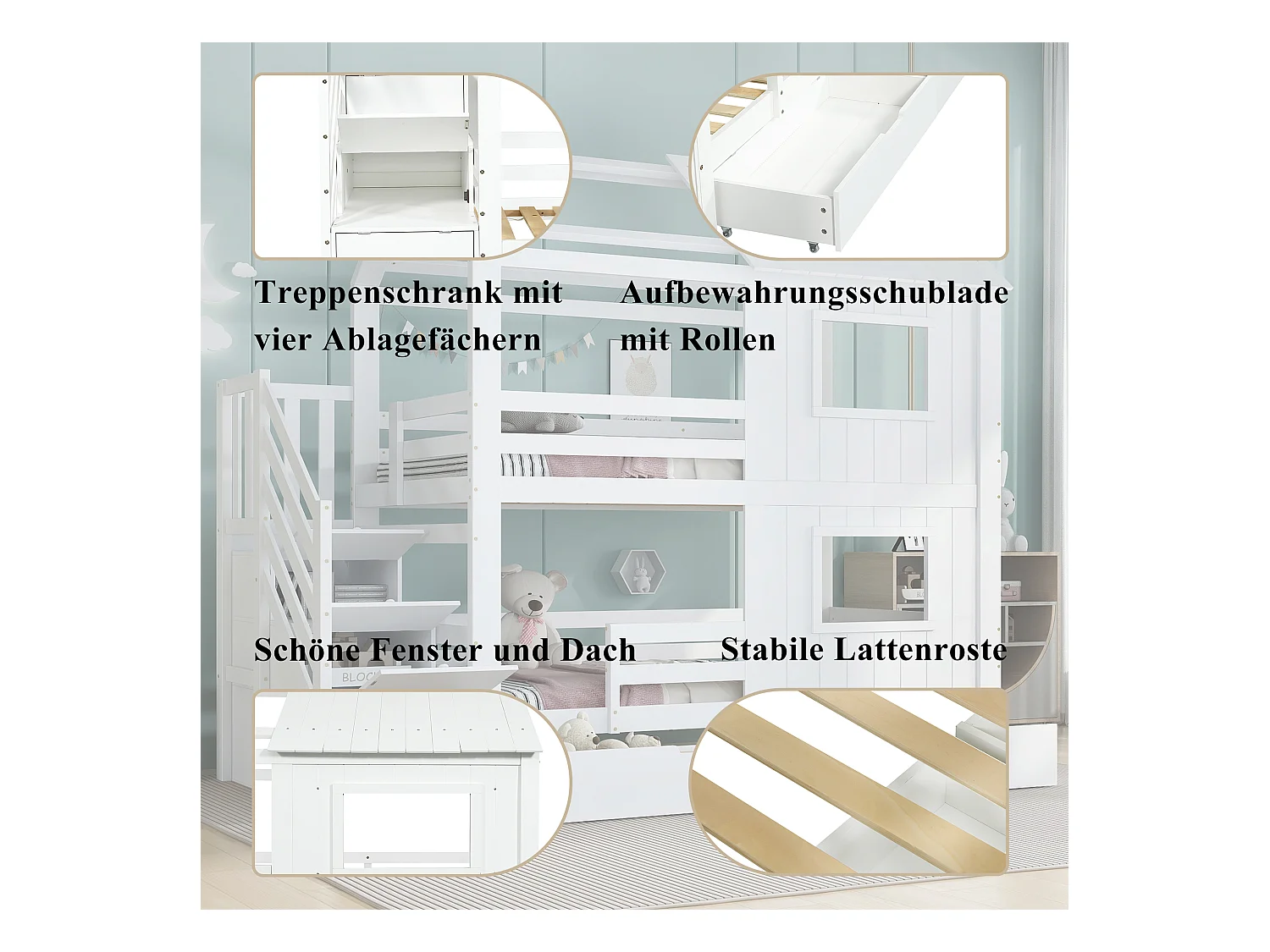 Lit superposés enfant - 2 x 90 x 200 cm - avec escalier de rangement + 2 tiroirs + fenêtres et toit - pin + MDF + contreplaqué - blanc