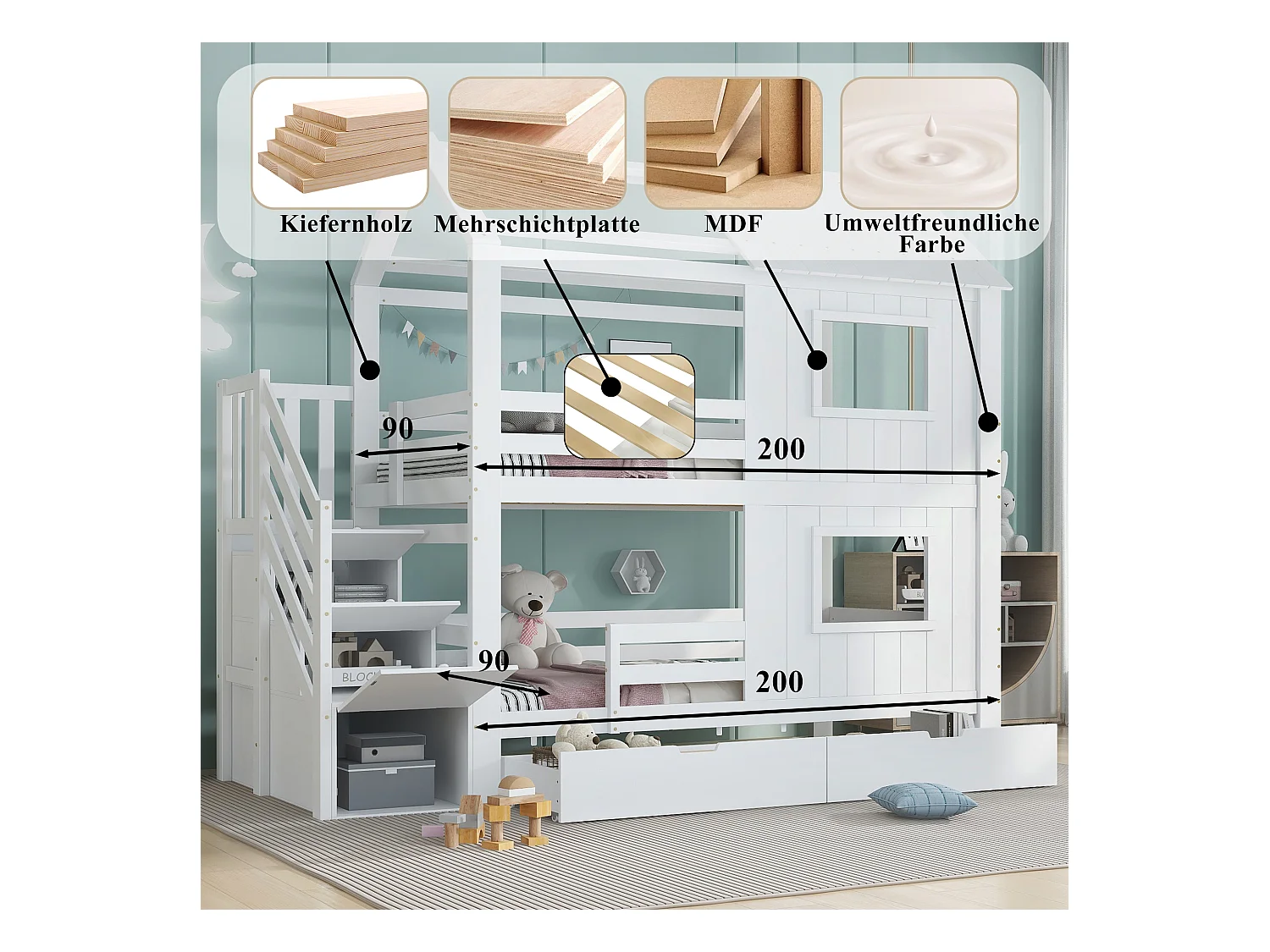 Lit superposés enfant - 2 x 90 x 200 cm - avec escalier de rangement + 2 tiroirs + fenêtres et toit - pin + MDF + contreplaqué - blanc