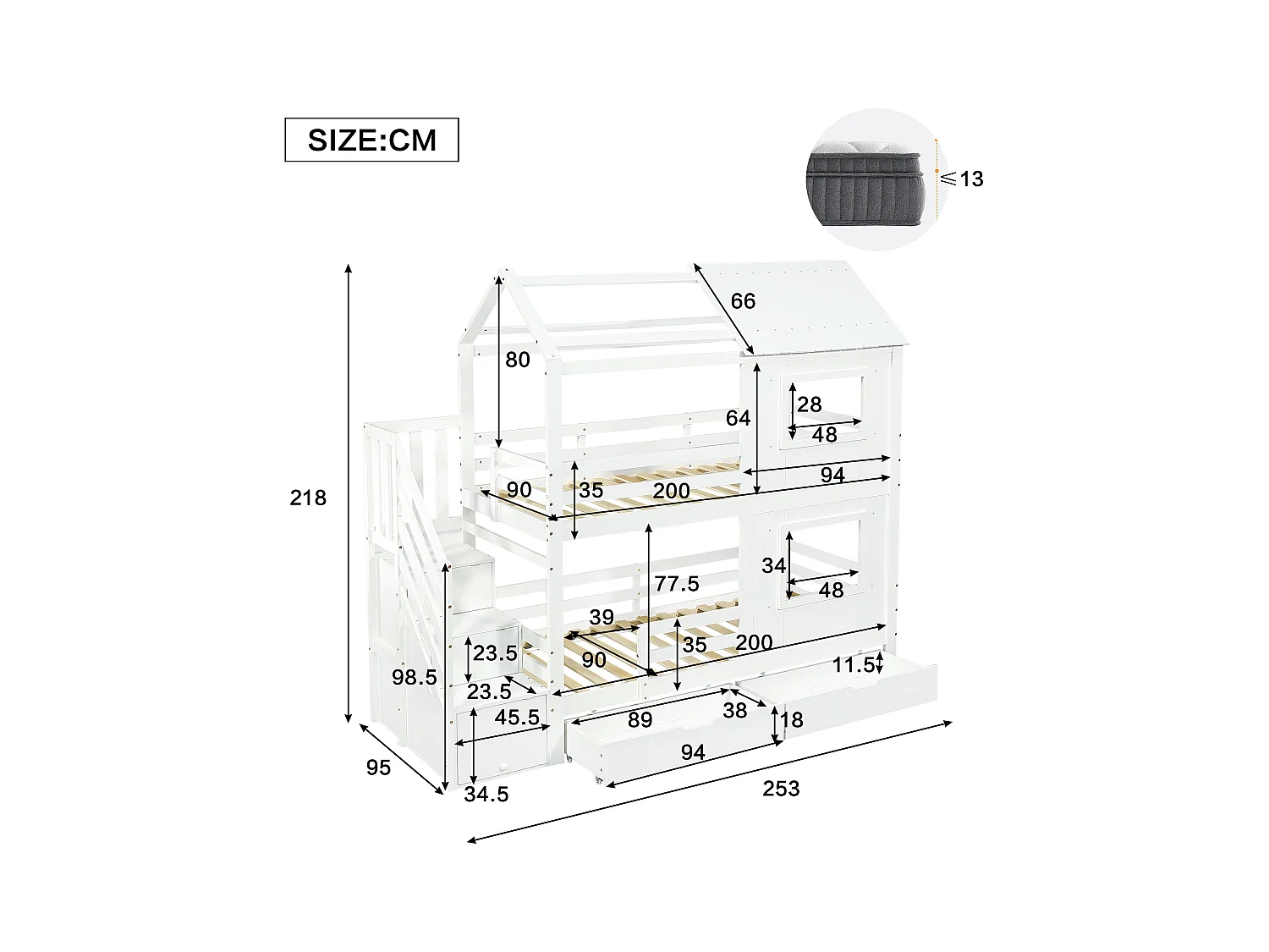 Lit superposés enfant - 2 x 90 x 200 cm - avec escalier de rangement + 2 tiroirs + fenêtres et toit - pin + MDF + contreplaqué - blanc