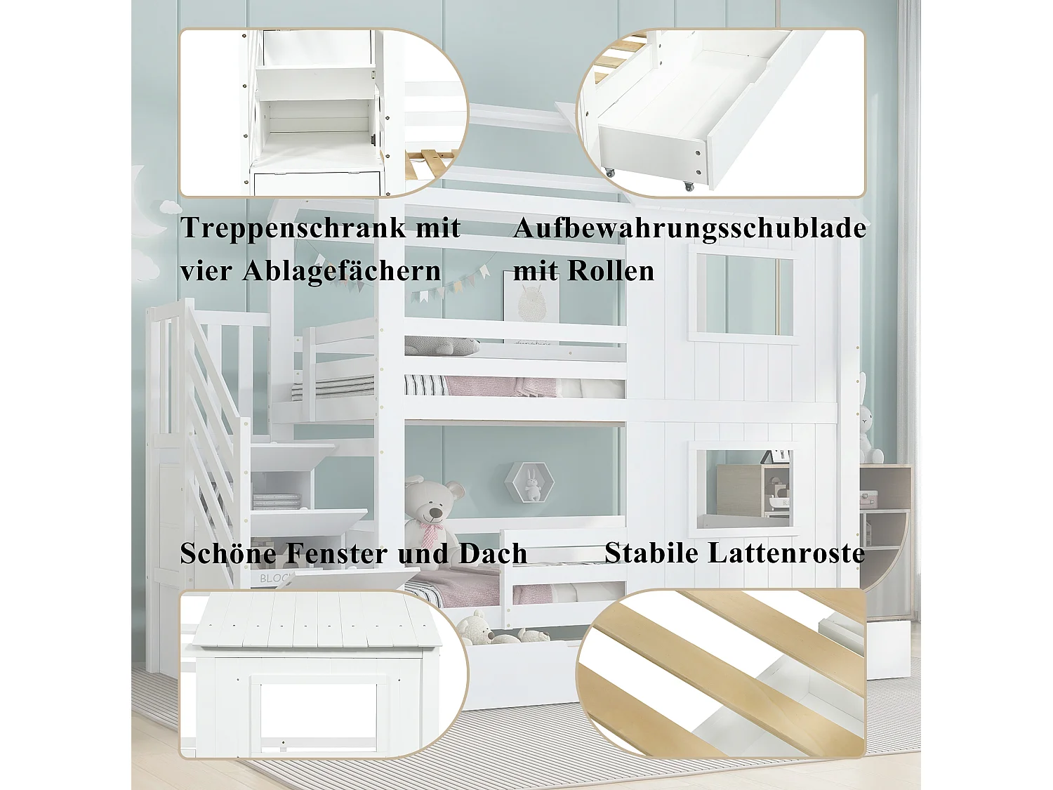 Lit superposés enfant - 2 x 90 x 200 cm - avec escalier de rangement + 2 tiroirs + fenêtres et toit - pin + MDF + contreplaqué - blanc