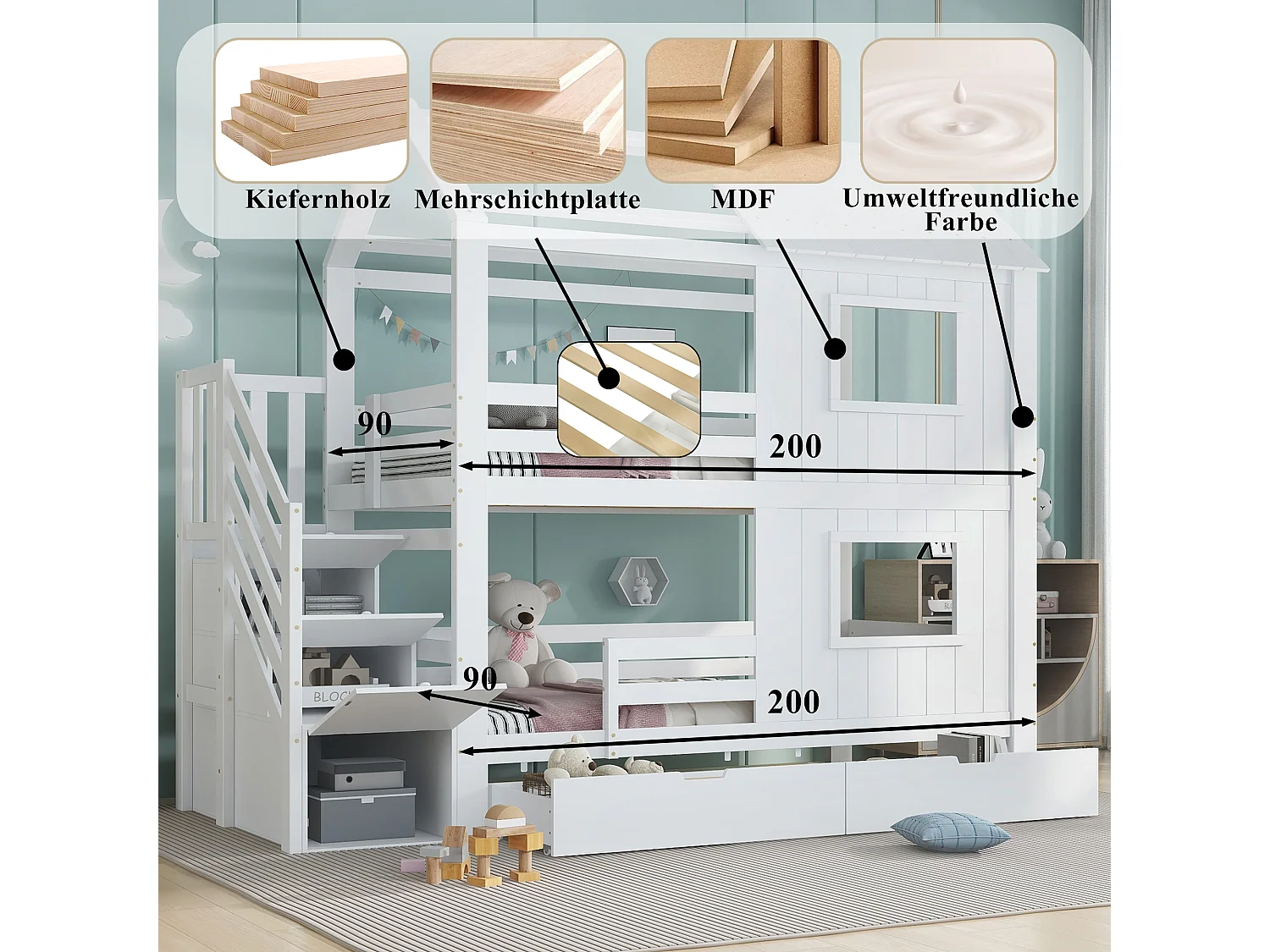 Lit superposés enfant - 2 x 90 x 200 cm - avec escalier de rangement + 2 tiroirs + fenêtres et toit - pin + MDF + contreplaqué - blanc