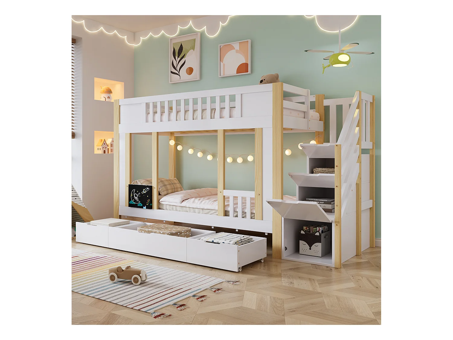 Kinder-Etagenbett - 2 x 90 x 200 cm - mit Stauraumtreppe + 3 Schubladen - Kiefer + MDF + Sperrholz - Weiß + Natur