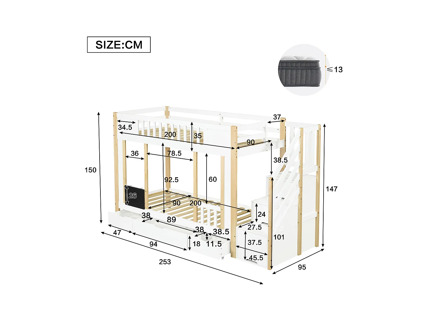 Kinder-Etagenbett - 2 x 90 x 200 cm - mit Stauraumtreppe + 3 Schubladen - Kiefer + MDF + Sperrholz - Weiß + Natur