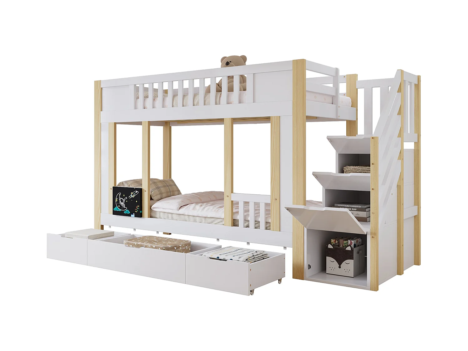 Kinder-Etagenbett - 2 x 90 x 200 cm - mit Stauraumtreppe + 3 Schubladen - Kiefer + MDF + Sperrholz - Weiß + Natur