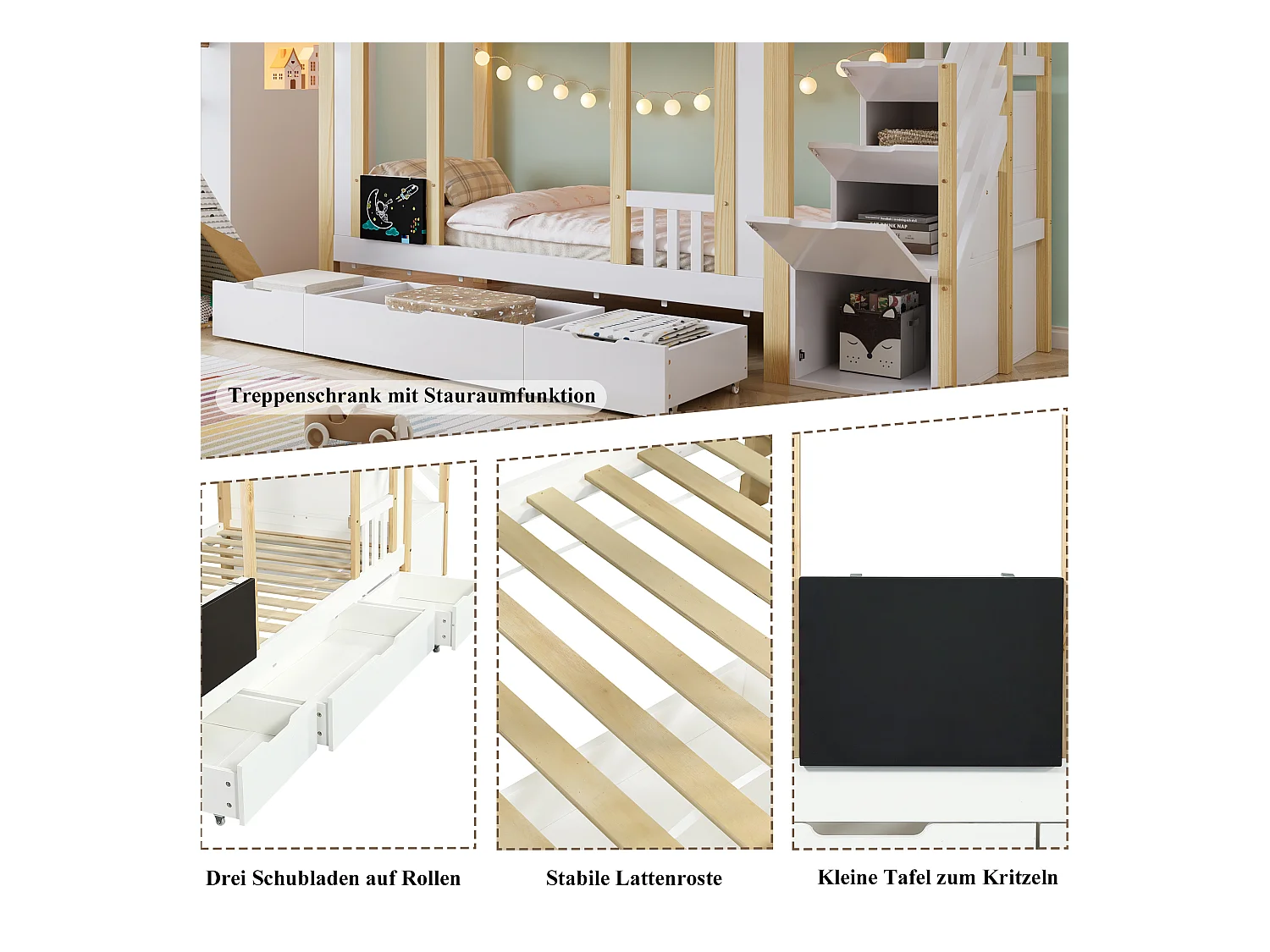 Beliche infantil - 2 x 90 x 200 cm - com escada de armazenamento + 3 gavetas - pinho + MDF + compensado - branco + natural