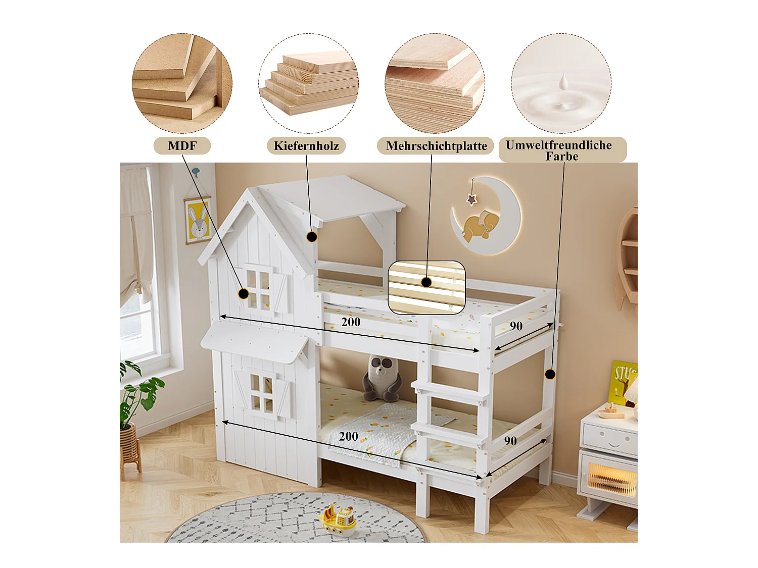 Lit superposés enfant - 2 x 90 x 200 cm - avec fenêtres et toit + barrières de sécurité - pin + MDF + contreplaqué - blanc