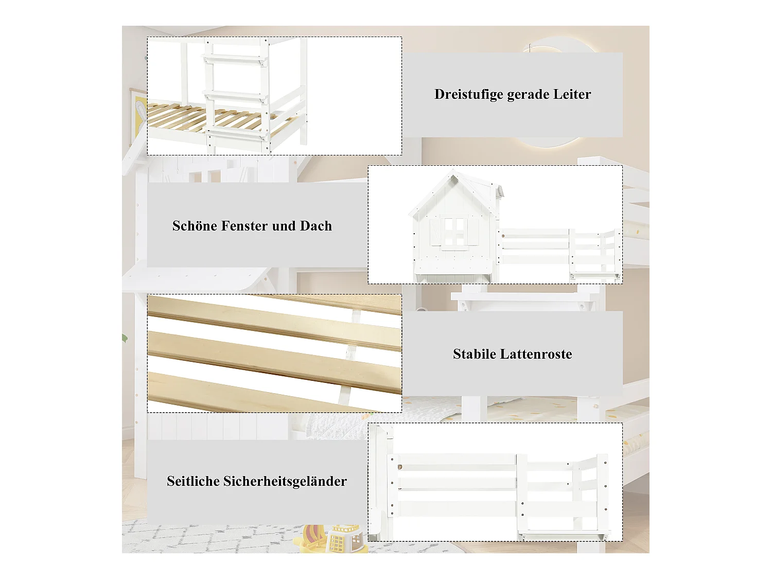 Lit superposés enfant - 2 x 90 x 200 cm - avec fenêtres et toit + barrières de sécurité - pin + MDF + contreplaqué - blanc