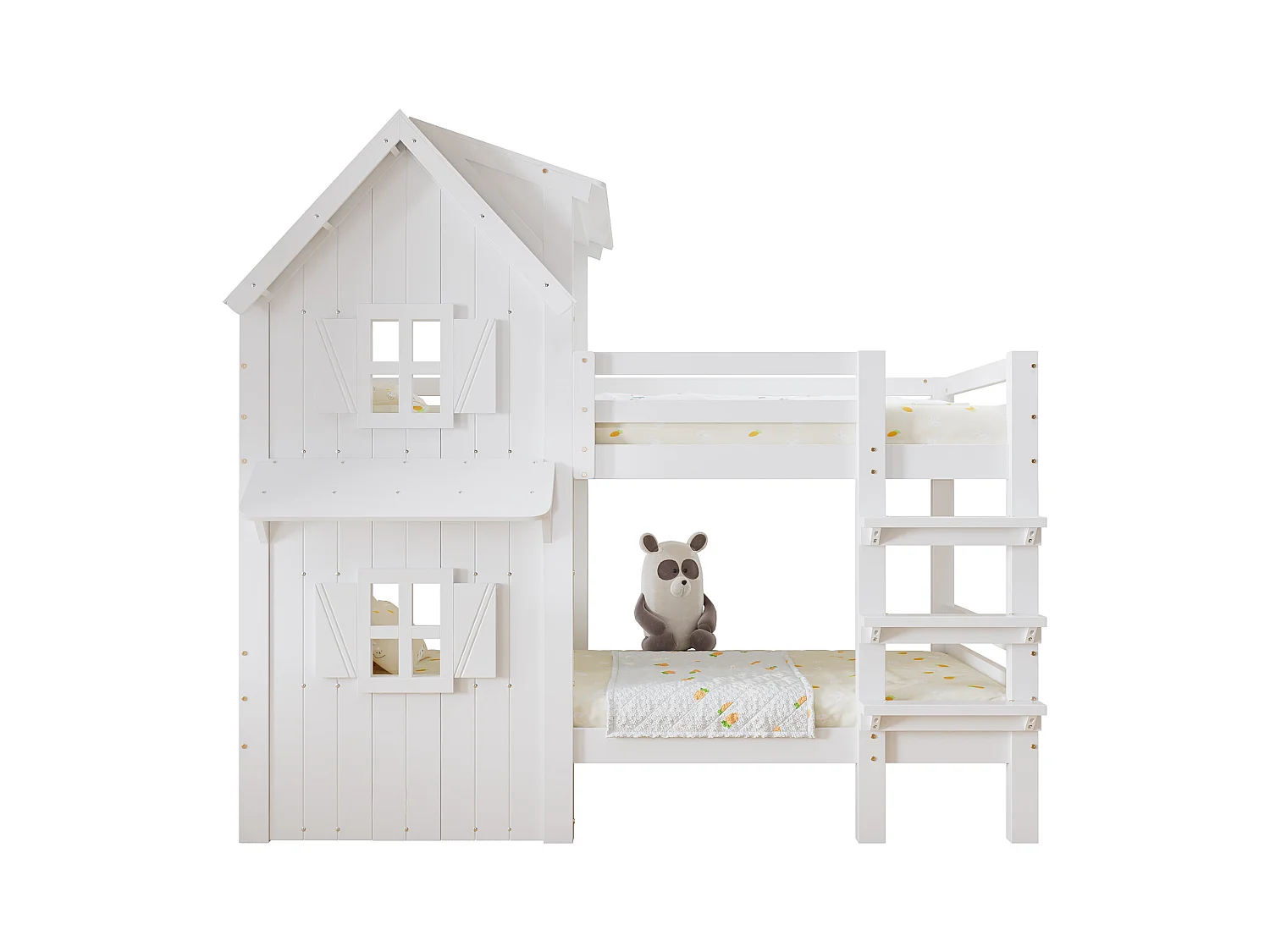 Lit superposés enfant - 2 x 90 x 200 cm - avec fenêtres et toit + barrières de sécurité - pin + MDF + contreplaqué - blanc