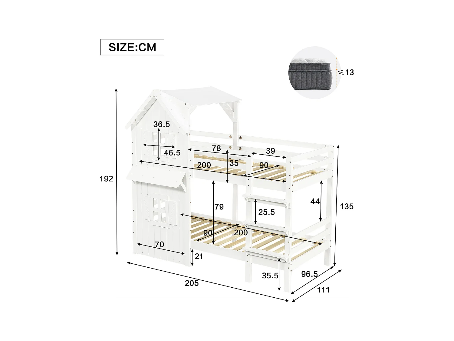 Beliche infantil - 2 x 90 x 200 cm - com janelas e teto + grades de segurança - pinho + MDF + compensado - branco