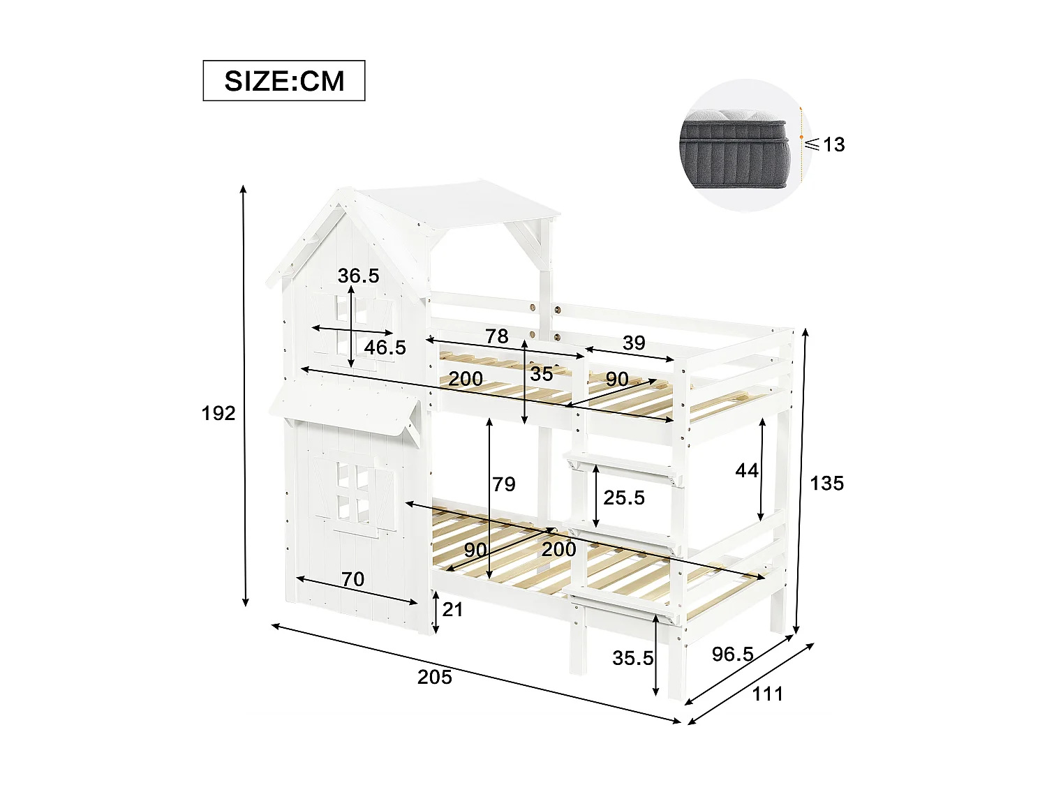 Lit superposés enfant - 2 x 90 x 200 cm - avec fenêtres et toit + barrières de sécurité - pin + MDF + contreplaqué - blanc