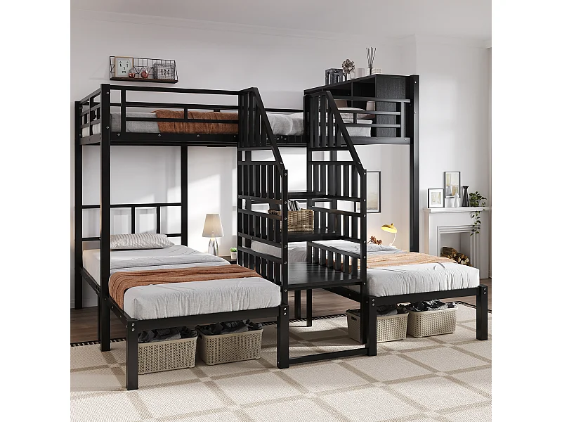 3-Sitzer-Etagenbett aus Eisen – 140 x 200 cm + 2 x 90 x 200 cm – mit Treppe + Stauraum – Metall – schwarz