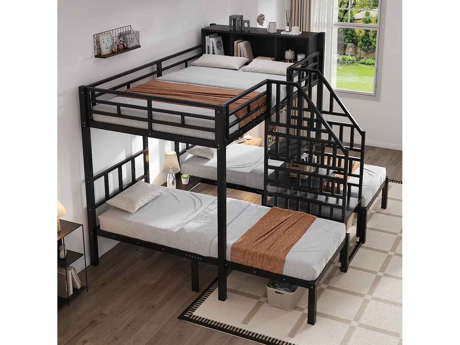 Lit superposés en fer 3 places - 140 x 200 cm + 2 x 90 x 200 cm - avec escalier + rangement - Métal - noir