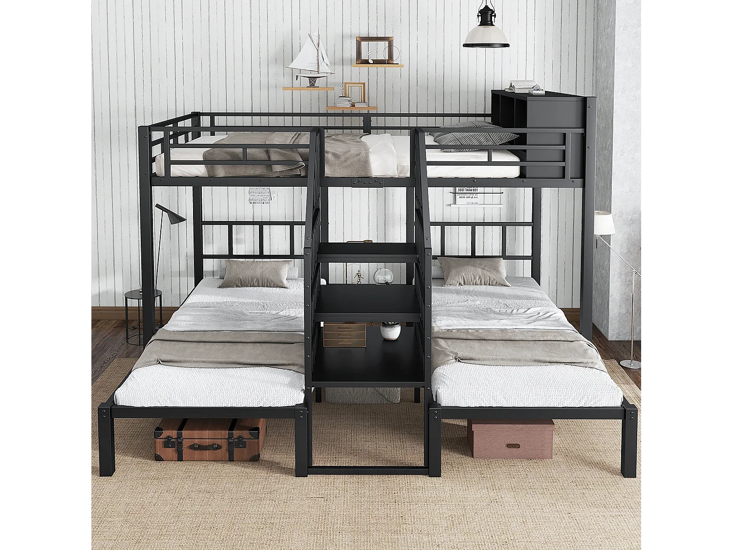 Lit superposés en fer 3 places - 140 x 200 cm + 2 x 90 x 200 cm - avec escalier + rangement - Métal - noir