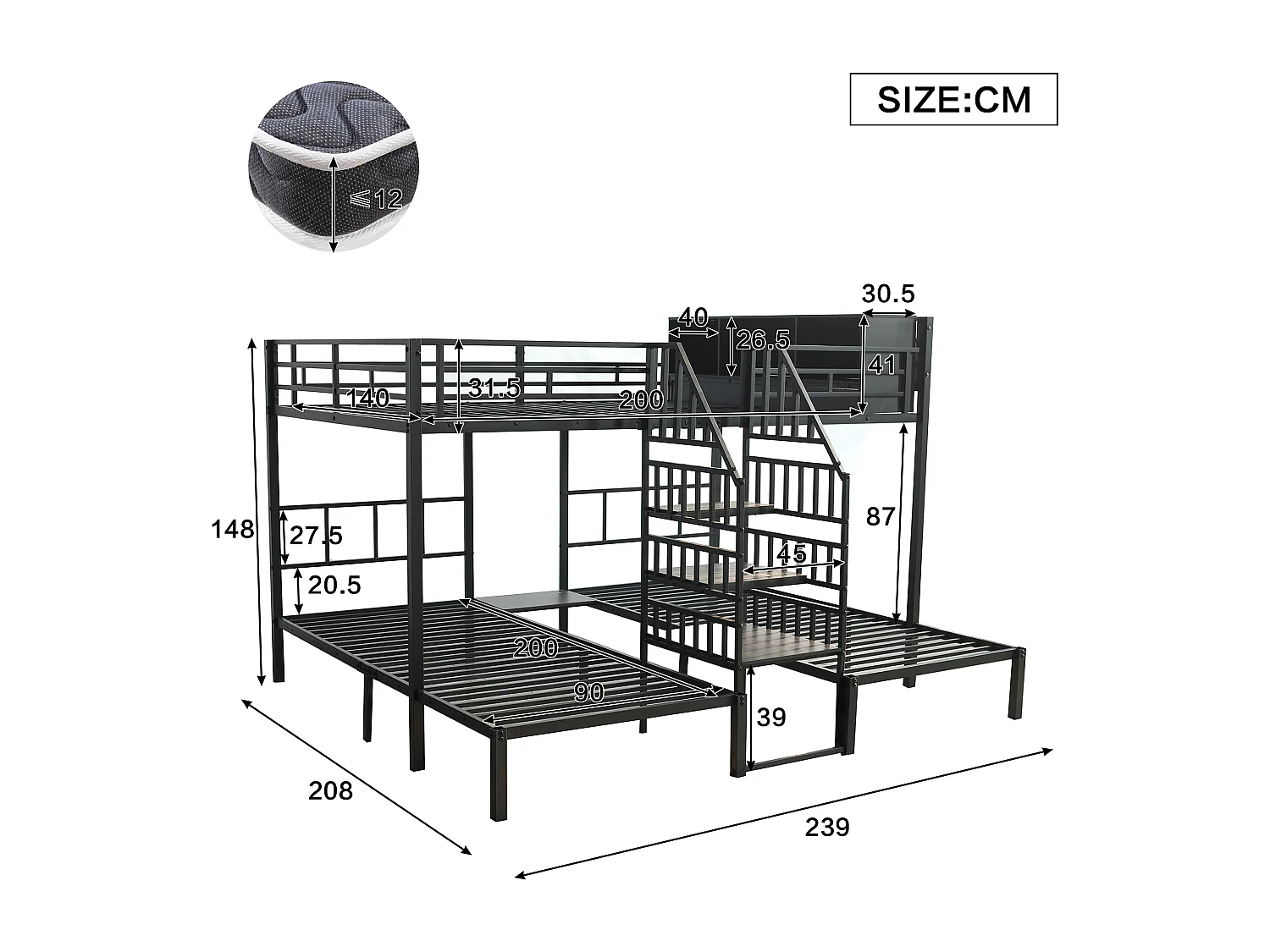 Lit superposés en fer 3 places - 140 x 200 cm + 2 x 90 x 200 cm - avec escalier + rangement - Métal - noir