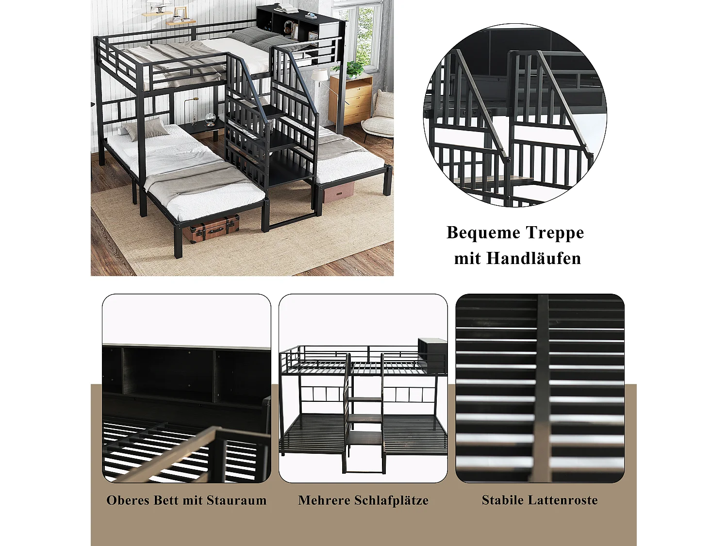 Lit superposés en fer 3 places - 140 x 200 cm + 2 x 90 x 200 cm - avec escalier + rangement - Métal - noir